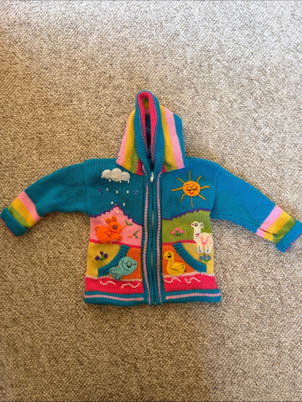 Turquoise Hooded Kids Zip-Up Sweater with Colorful Animal Appliqués